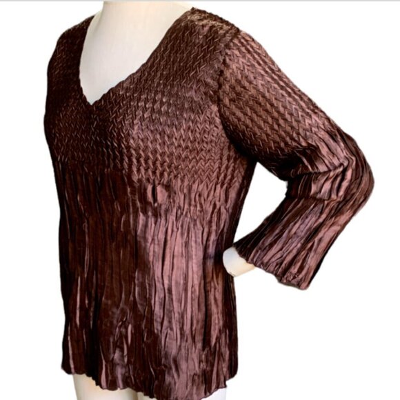 Toffee & Apple Mixed-Pattern Crinkle V-Neck Blouse XL Metallic Brown #34A - Picture 3 of 6
